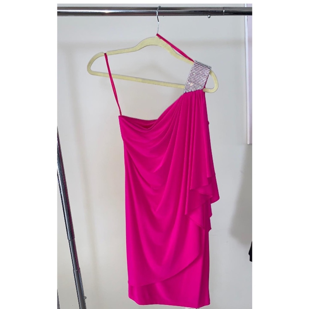 Pink one-shoulder rhinestone mini dress